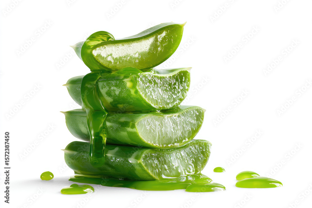 Fototapeta premium Stack of Aloe vera sliced with gel dripping isolated on white background