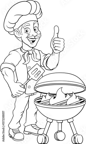 A chef cartoon barbecue cook out brazier cook man giving thumbs up and holding a BBQ spatula mascot character illustration