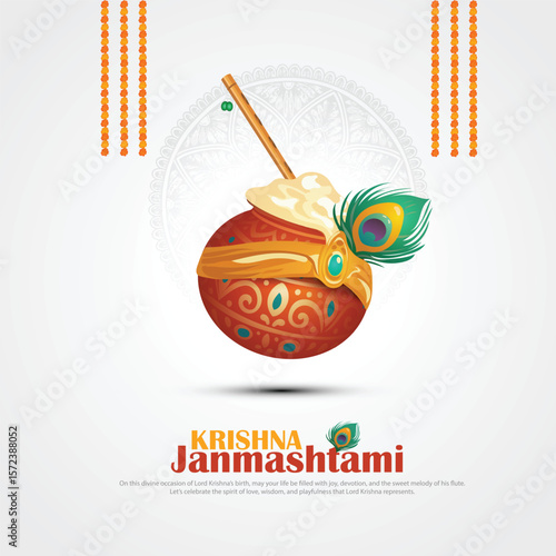 Indian festival dahi handi of lord Krishna Janmashtami, creative vector illustration design with pot and peacock feather.