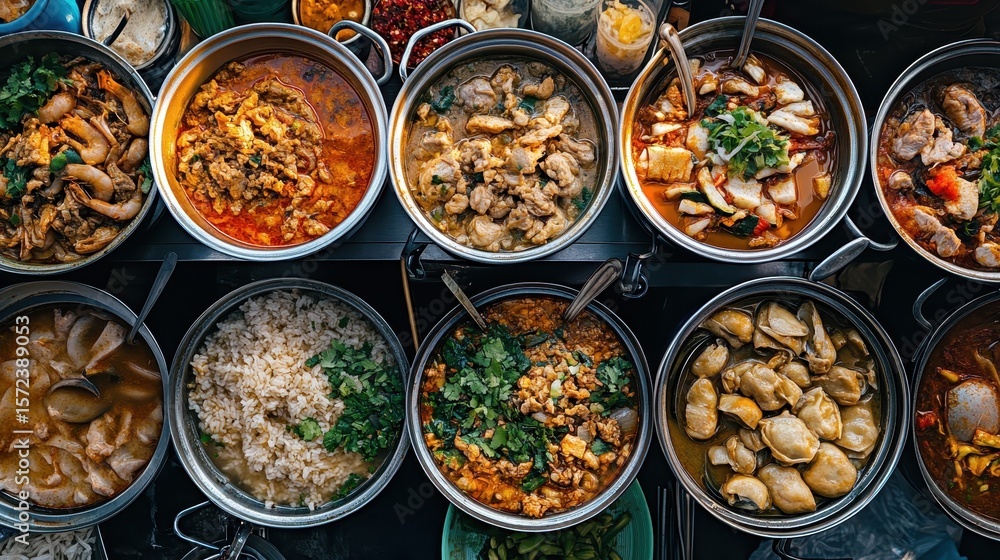 Vibrant Assortment of Delicious Asian Dishes in Metal Bowls Vibrant Assortment of Delicious Asian Dishes in Metal Bowls