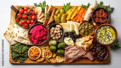 Vibrant Charcuterie Board with Assorted Cheeses and Vegetables