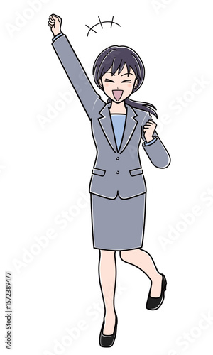 右手を挙げてはしゃぐスーツのOLさん