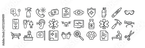 Line Art Medical Icon Collection – Thin Stroke Vector Illustrations for Health & Wellness