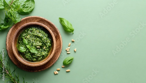 Wallpaper Mural Wooden bowl of pesto, fresh basil, and pine nuts Torontodigital.ca