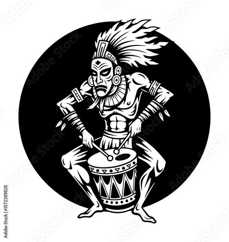 tribal warrior shaman playing drum mascot logo vector illustration