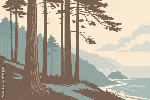 Tall redwood trees standing along a foggy coastal cliffside, layered in muted earthy tones and soft gradients.