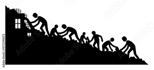 rescue workers clearing disaster rubble silhouette