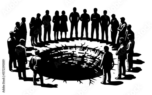 crowd gathered around dangerous pit silhouette illustration