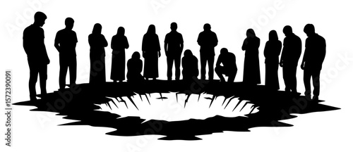 people silhouettes standing around sinkhole illustration