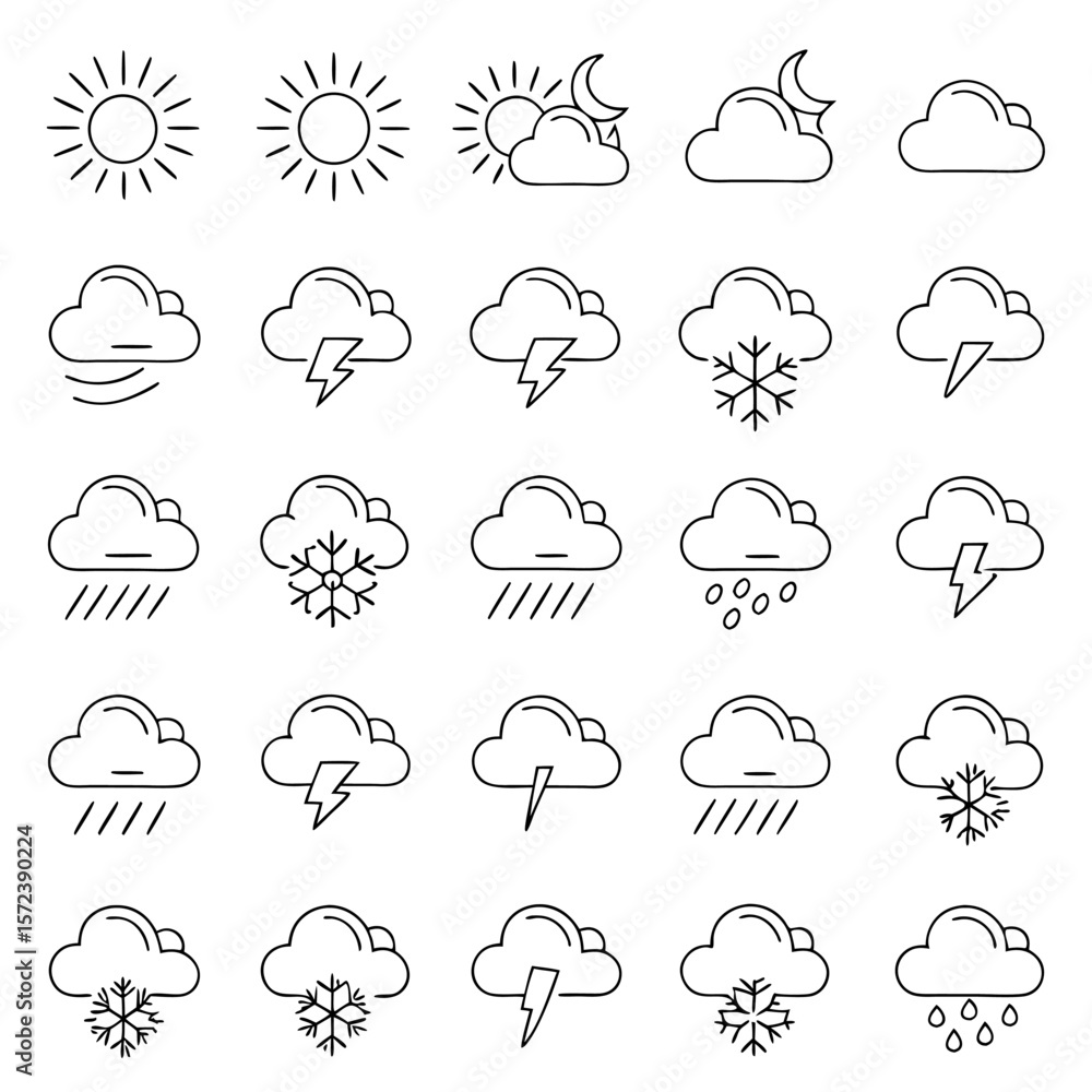 Collection of weather icons including sun clouds rain snow and lightning represented as line drawings Collection of weather icons including sun clouds rain snow and lightning represented as line drawings