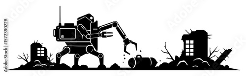 bomb disposal robot in ruined city silhouette vector illustration