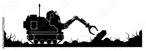 tracked sapper robot clearing debris silhouette vector illustration