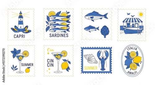Capri Sardines Italia Amalfi Summer Stamps Collection | Travel Destination Food and Beverage Souvenir Blue and Yellow Graphic Elements
