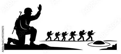 soldier leading patrol squad silhouette military vector illustration