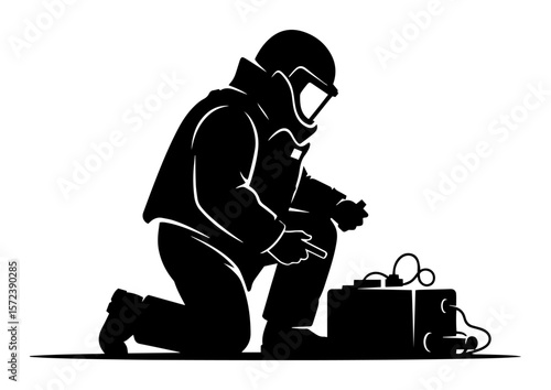 sapper in protective suit demining bomb silhouette vector illustration