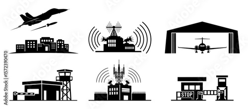 military infrastructure and air force icon set vector