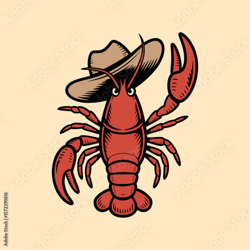 Cowboy Lobster Wearing Hat Vintage Cartoon Illustration
