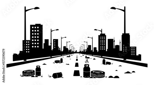 post-apocalyptic city street with trash and debris silhouette vector illustration