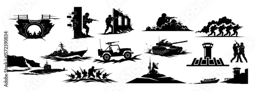 combat operations icons bundle vector battlefield silhouette set