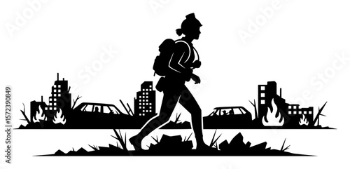 soldier patrolling destroyed city war zone silhouette vector