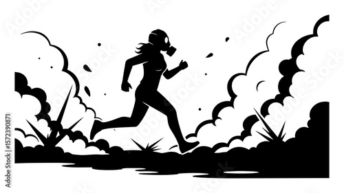 female runner sprinting through dust silhouette vector illustration