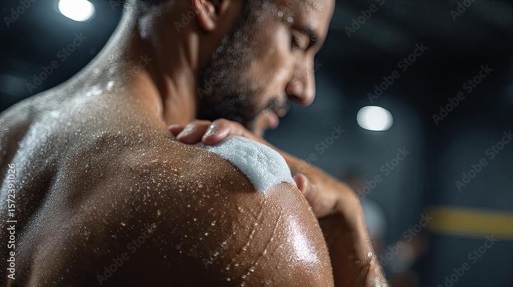 Naklejka premium Athlete applying ice pack to injured shoulder.