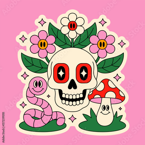 Cute Skull with Flowers Worm and Mushroom Cartoon Illustration