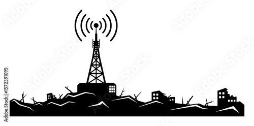 radio tower broadcasting signal in destroyed city