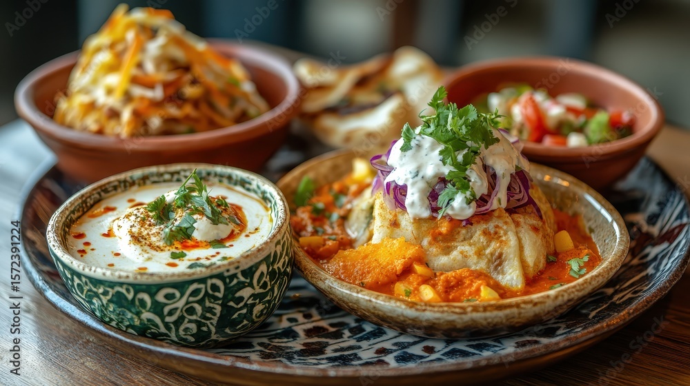 Vibrant Indian Cuisine Platter with Assorted Dishes and Spices Vibrant Indian Cuisine Platter with Assorted Dishes and Spices