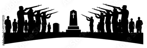 military funeral with honor guard gun salute at grave vector silhouette