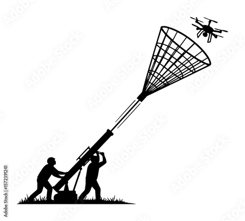 anti-drone net gun catching uav silhouette vector illustration