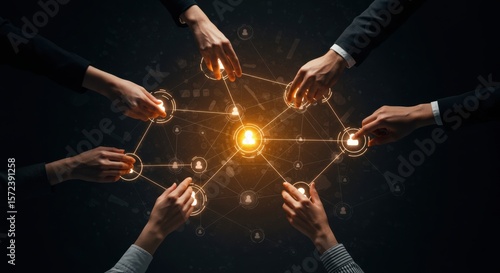 Diverse hands connect to a glowing network of people icons symbolizing collaboration and digital communication