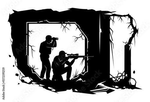 urban warfare soldiers aiming through broken wall vector illustration