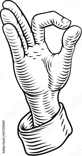 Vintage woodcut style illustration of a chef hand making the OK gesture chefs kiss perfect gesture.