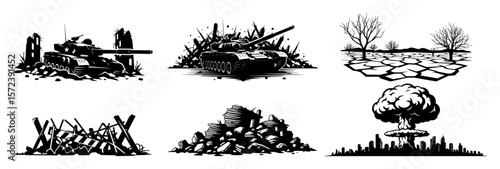 post apocalyptic destruction icon set war aftermath vector
