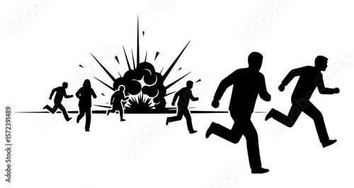people escaping explosion silhouette vector