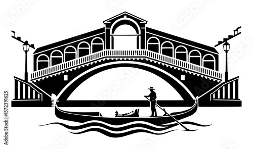 venice rialto bridge with gondola on canal vector silhouette