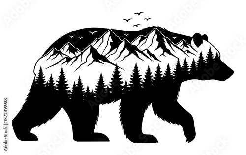 bear silhouette with mountain forest double exposure vector