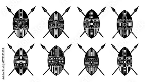 african tribal shields and spears set vector icon