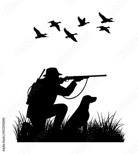 duck hunter aiming shotgun with dog and flying birds silhouette