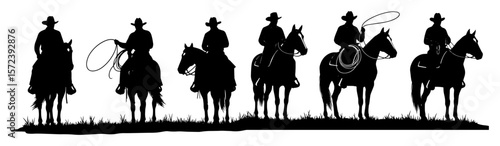cowboy riders with lassos on horses western silhouette illustration