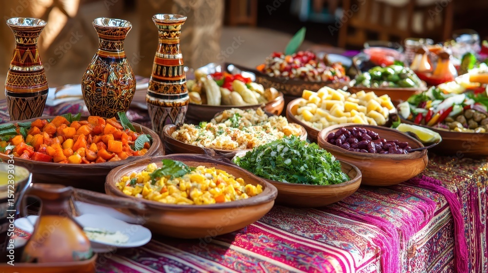 Fototapeta premium Vibrant Spread of Colorful Dishes with Traditional Decor Elements