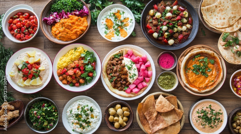 Vibrant spread of diverse Indian cuisine on wooden table Vibrant spread of diverse Indian cuisine on wooden table
