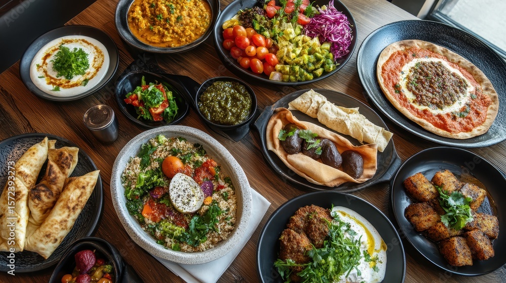 Vibrant Spread of Mediterranean Dishes on Wooden Table Vibrant Spread of Mediterranean Dishes on Wooden Table