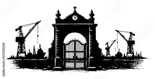 historic shipyard gate with cranes silhouette vector