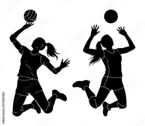 volleyball players woman silhouette jumping to spike ball vector set
