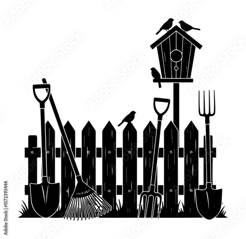 gardening tools fence and birdhouse silhouette