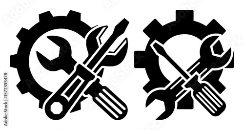 wrench and screwdriver crossed in gear service icon vector illustration