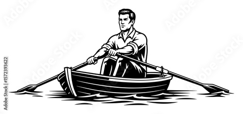 man rowing a boat on the water vector illustration