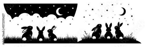 cute rabbits silhouette at night easter banner vector